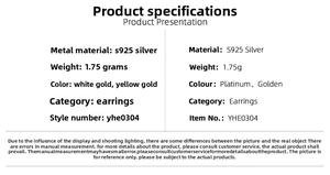 Detailed specifications for S925 silver square zircon earrings weighing 1.75g