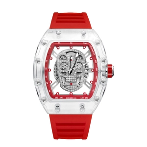Skeleton skull watch with red rubber strap and transparent tonneau case for men