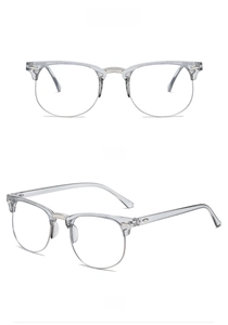 Detailed view of translucent gray silver half-rim glasses frames from multiple angles