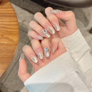 Handmade Press On Nails Cat Eye Sparkle Glass Diamonds Artificial Pearls Long Almond French Style Full Cover Reusable Nails