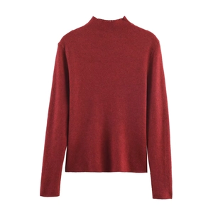 Women's burgundy mock neck long sleeve knit top in soft ribbed texture slim fit