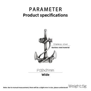 Detailed view of stainless steel anchor pendant with 32x21mm dimensions and 5g weight