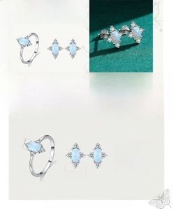 Macro shot of S925 sterling silver jewelry set featuring rectangular light blue opals