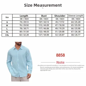Detailed size chart with measurements for men's long sleeve slim fit plaid casual shirt