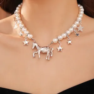Artificial Pearl Necklace With Silver Horse Pendant And Star Charms Faux Artificial Pearl Glass Alloy Elegant Fashion Jewelry For Women