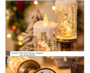 Detailed view of LED Christmas snow globe lantern with Santa figurine and copper base