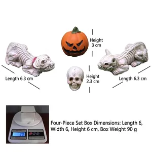 Halloween miniature resin set with pumpkin, skull, and skeleton cat dog garden decor