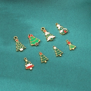 Detailed view of eight colorful enamel Christmas tree pendants for DIY jewelry crafting