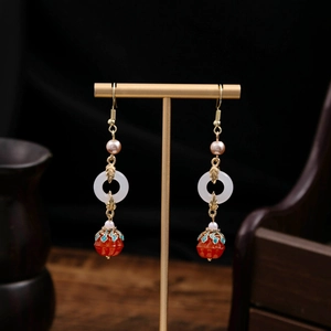 Ethnic style dangle earrings with red carved beads and pearls for traditional dress