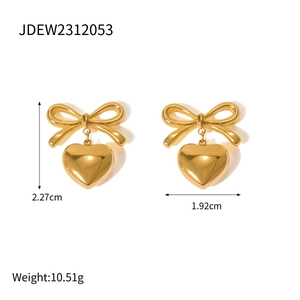 Detailed view of golden bow heart earrings with measurements 2.27cm and 10.51g weight