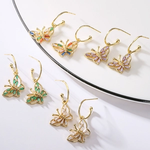 Elegant 18K gold plated butterfly drop earrings with colorful zircon stones set of four