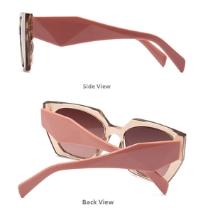Side and back view of retro butterfly sunglasses in bean paste pink with brown lenses