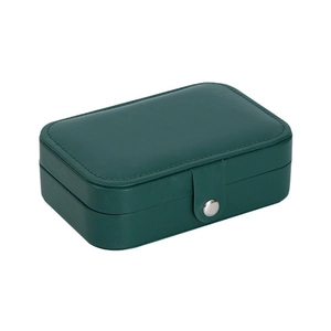 Portable dark green PU leather jewelry organizer with a round silver button closure