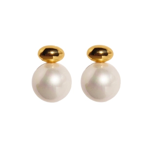 Elegant gold metal stud earrings with large white pearls shown on a clean white background