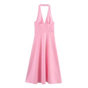 Damen Halter Neck Sexy Rückenfrei Rosa Midi Kleid Tiefer V-Ausschnitt Plissee A-Linie Elegant Ärmellos Sommer Party Kleid