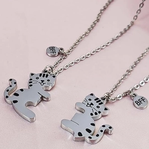 Pair of silver metal BFF necklaces with cute striped cat pendants on pink fabric