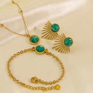 Parure De Bijoux Soleil Acier Inoxydable Plaqué Or 14K Amazonite Naturelle Collier Bracelet Boucles Oreilles Luxe Femme