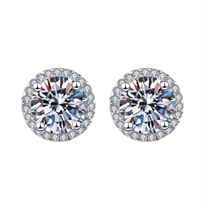 Classic silver halo stud earrings with round moissanite center stone on white background