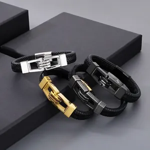 Men Braided Genuine Leather Bracelet Stainless Steel Geometric Magnetic Clasp Punk Vintage Jewelry For Boyfriend