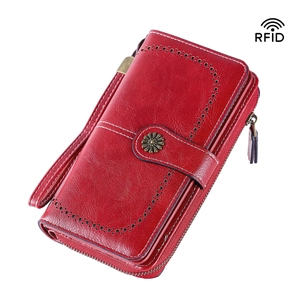 Portafoglio lungo rosso vintage RFID in pelle con chiusura a margherita e cinturino