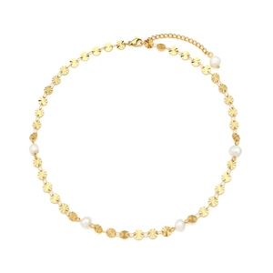 Detail view of gold circular discs and pearls on necklace with adjustable lobster clasp