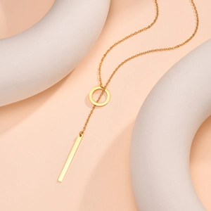 Minimalist gold stainless steel Y-shaped necklace with ring and vertical bar pendant