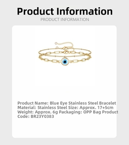 Detail of gold evil eye paperclip bracelet showing stainless steel dimensions and weight