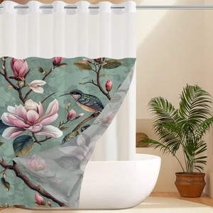 Detail of waterproof waffle fabric shower curtain with vintage floral bird print