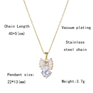 Detail of bow and crystal pendant necklace with technical measurements and dimensions