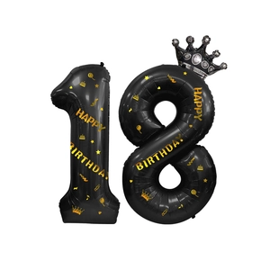 Détail du ballon chiffre 18 noir avec imprimé doré Happy Birthday et couronne argentée