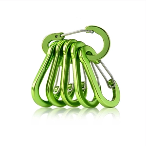 Set of 6 green aluminum carabiner clips with stainless steel wire gates for outdoor camping