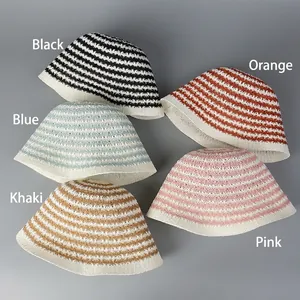 Japanese style striped knit bucket hats in five colors with wide brim for women