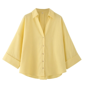 Women Casual Cotton Linen Blouse V Neck Half Sleeve Button Down Solid Color Shirt Top