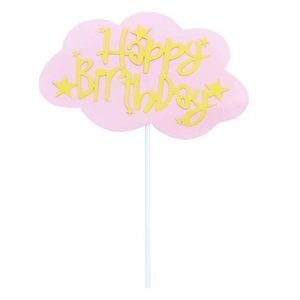 Pink cloud birthday cake topper with yellow Happy Birthday text and stars on white background
