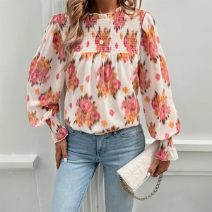 Elegant white floral chiffon blouse with puff sleeves and pleated high neckline style