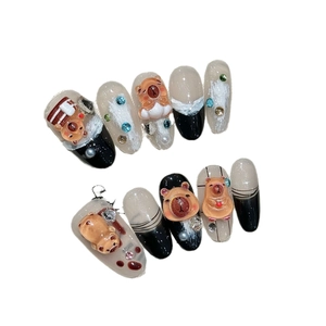 Handmade Capybara press-on nails featuring 3D cartoon art with gradient grey and pearls