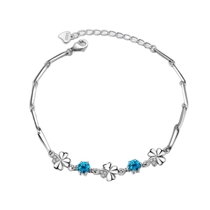 S925 sterling silver four-leaf clover bracelet with blue crystals and zircon stones