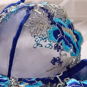 Royal blue sexy lace lingerie set with intricate floral embroidery and sheer mesh detail