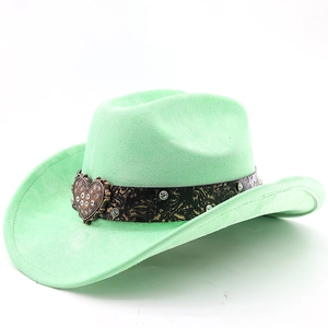 Detailed view of mint green suede cowboy hat with vintage buckle and rhinestone heart