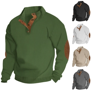 Detail of men's ribbed knit sweater with buttoned collar and brown faux leather elbow patches