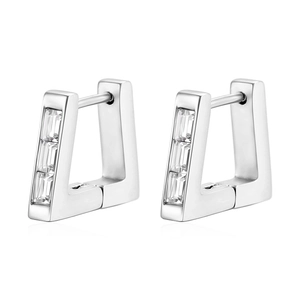 Elegant silver U-shaped hoop earrings featuring three sparkling step-cut zircons
