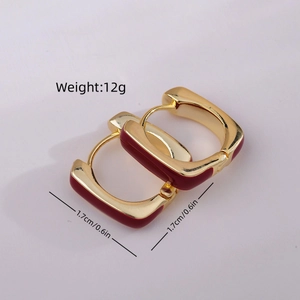 Elegant gold-plated square hoop earrings with red enamel glaze for women, 1.7cm size