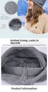 Vue détaillée du bonnet en tricot gris à double couche avec rayures colorées et doublure
