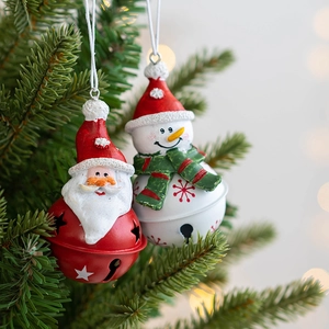 Christmas tree ornaments featuring resin Santa and Snowman figures with metal star bells
