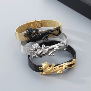 Three-piece stainless steel leopard mesh bracelet set in gold, silver, and black finishes