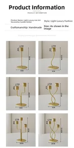 Size chart showing six styles of iron candle holders in various heights and gold finishes