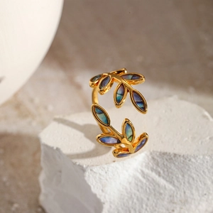 Vintage gold enamel leaf open ring with iridescent abalone shell inlay for women