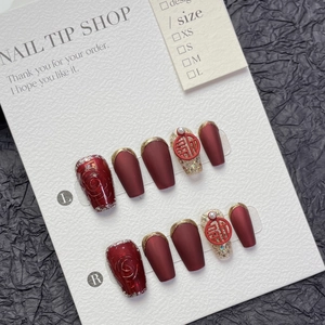 Uñas Postizas Artesanales Estilo Chino Peonía Roja Rojo Vino Mate Forma Ataúd Borde Dorado Relieve Diamante de Imitación Perla Artificial Juego Manicura Festiva