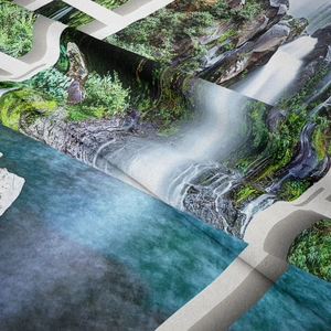 Close-up of bohemian landscape tapestry showing clear waterfall print and fine fabric texture