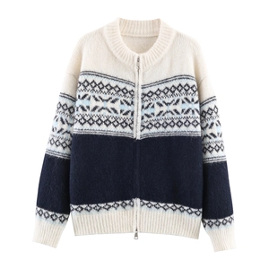 Fair Isle double zipper knit cardigan in cream and navy blue geometric jacquard pattern
